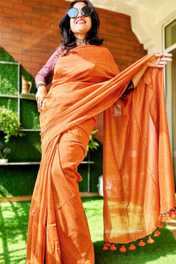 Handloom Cotton Amber Colour Saree