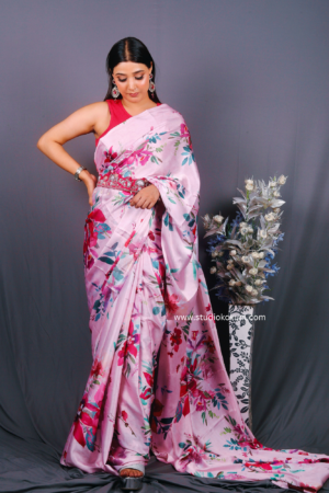 Pink Floral Satin Silk saree