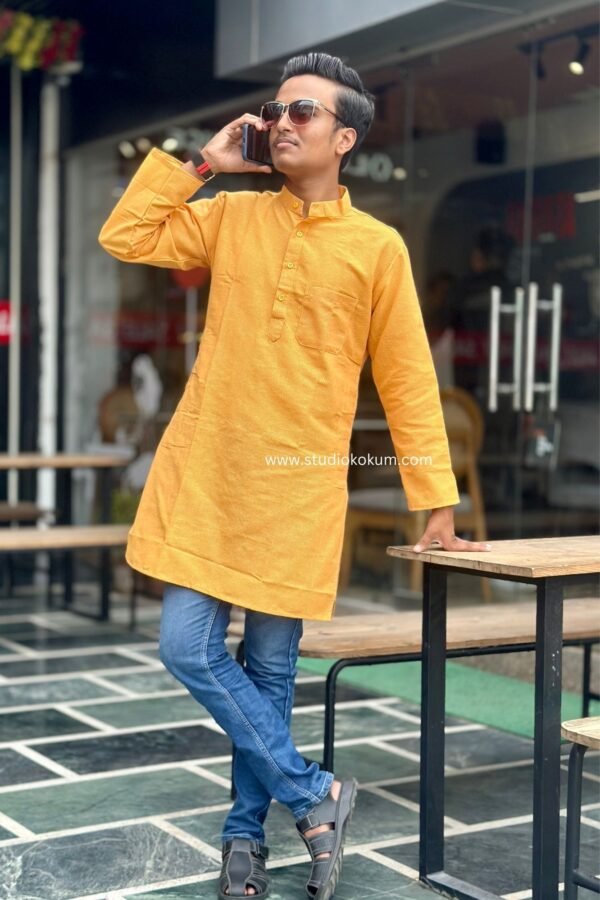 Yellow Cotton Full Sleeve Long Kurta For Men