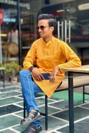 Yellow Cotton Full Sleeve Long Kurta For Men