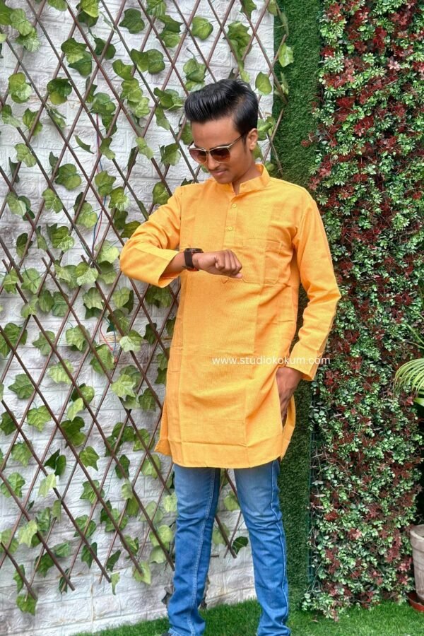 Yellow Cotton Full Sleeve Long Kurta For Men