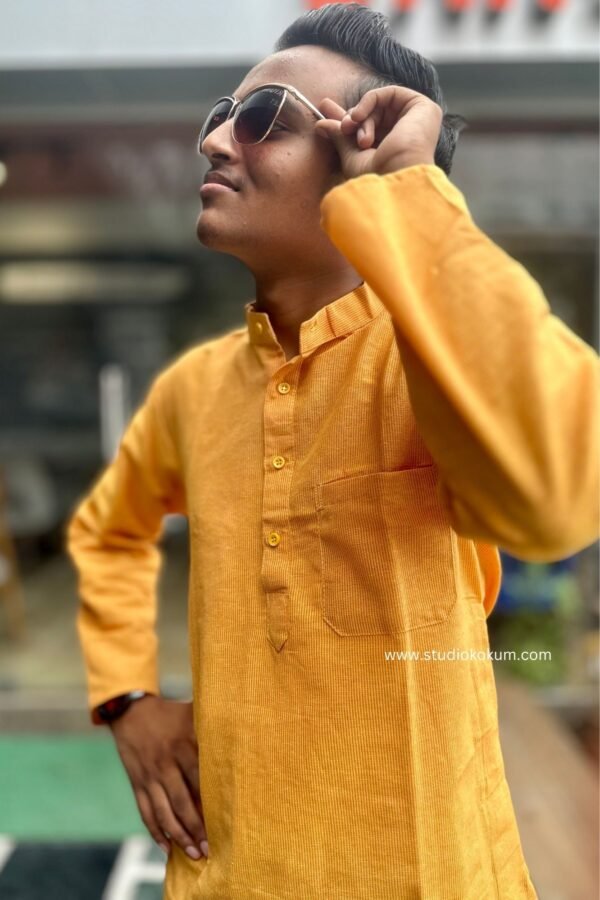 Yellow Cotton Full Sleeve Long Kurta For Men