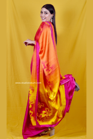 Yellow n Pin Satin Silk Saree