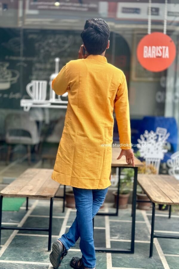 Yellow Cotton Full Sleeve Long Kurta For Men