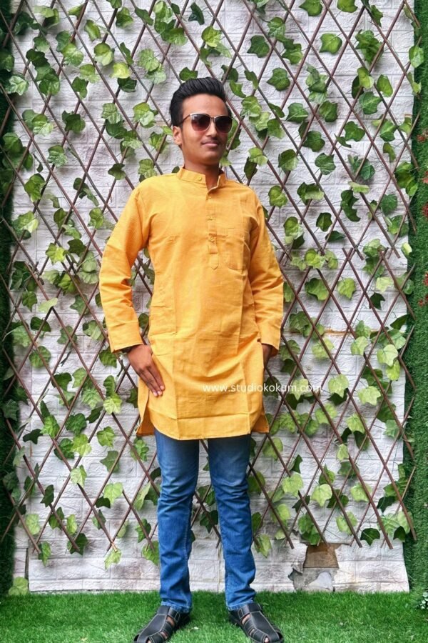 Yellow Cotton Full Sleeve Long Kurta For Men