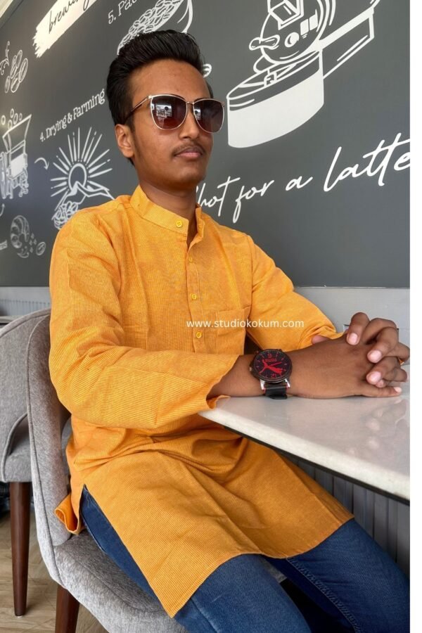 Yellow Cotton Full Sleeve Long Kurta For Men