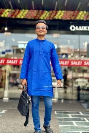 Blue Cotton Full Sleeve Long Kurta For Men