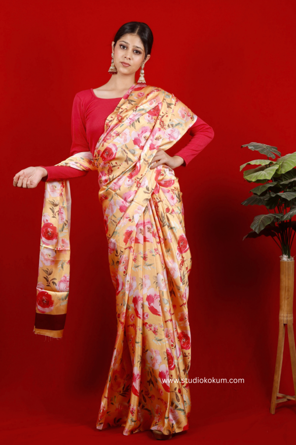 Gold n Petals Yellow Red Satin Saree