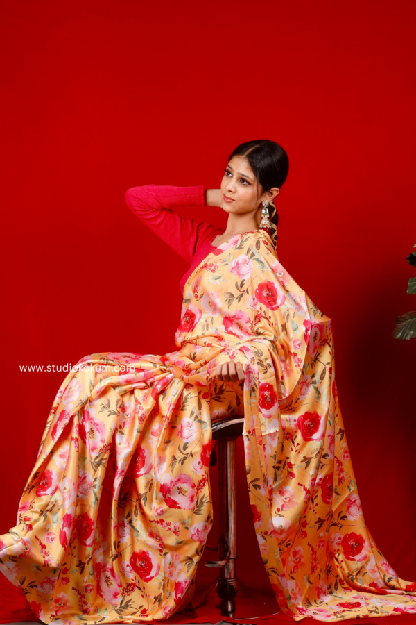 Golden Red Satin Floral Saree