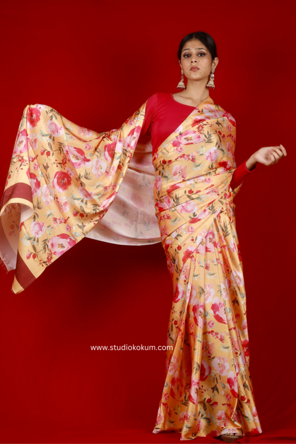 Golden n Petals Yellow Red Satin saree