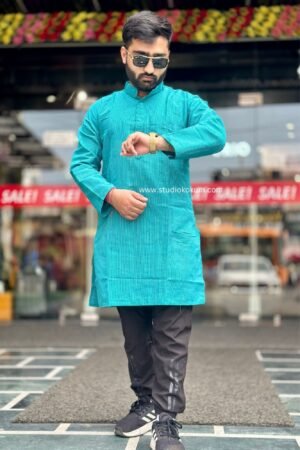 Teal Blue Cotton Full Sleeve Long Kurta For Men