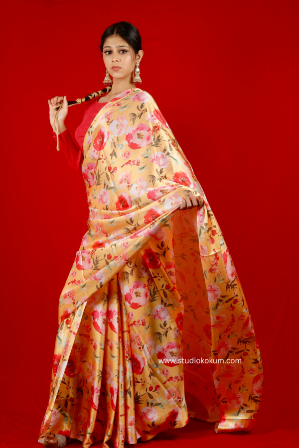 Golden Red Satin Floral Saree