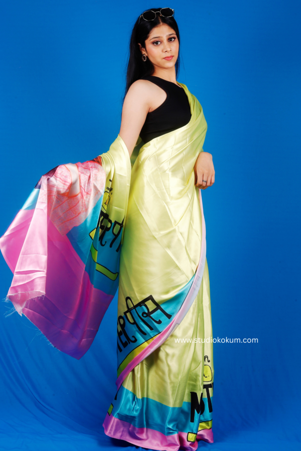 Neon Yellow Satin Silk Saree