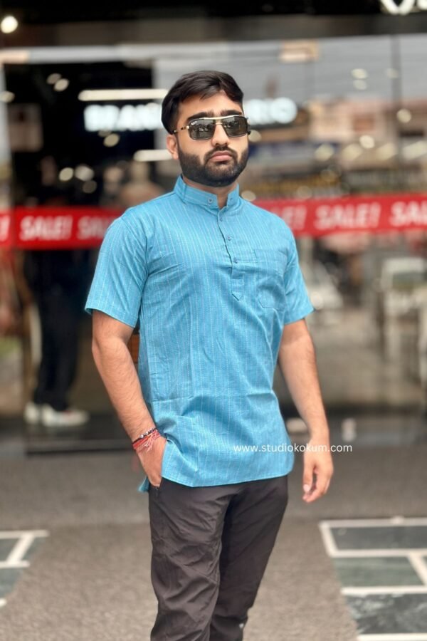 Light Blue Cotton Half Sleeve Short Kurta For Men