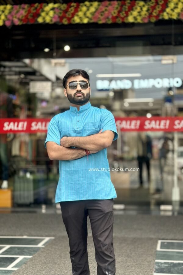 Light Blue Cotton Half Sleeve Short Kurta For Men