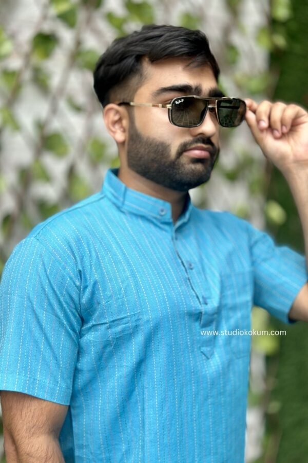 Light Blue Cotton Half Sleeve Short Kurta For Men