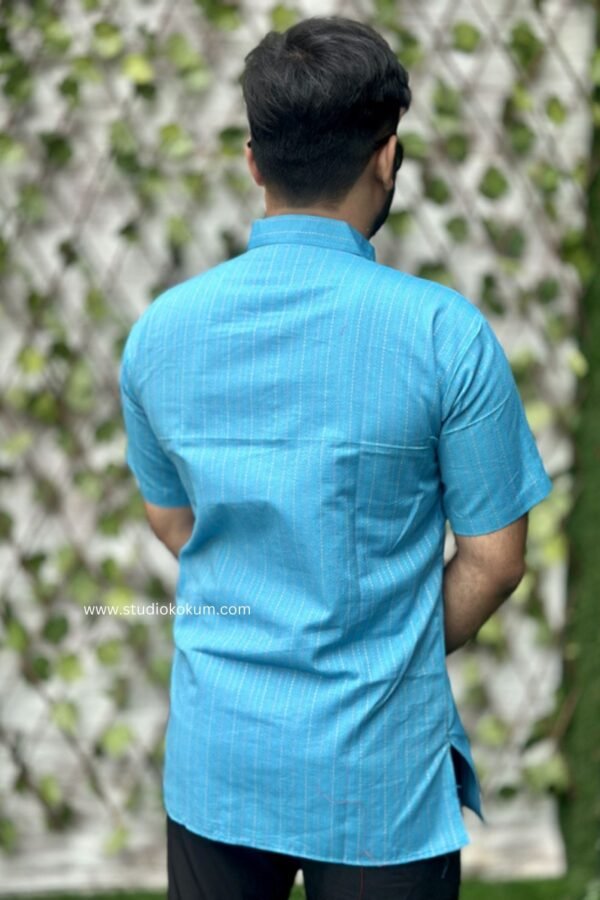 Light Blue Cotton Half Sleeve Short Kurta For Men