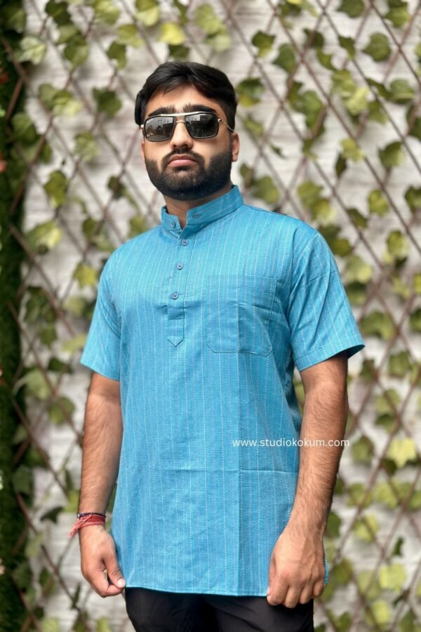 Light Blue Cotton Half Sleeve Short Kurta For Men