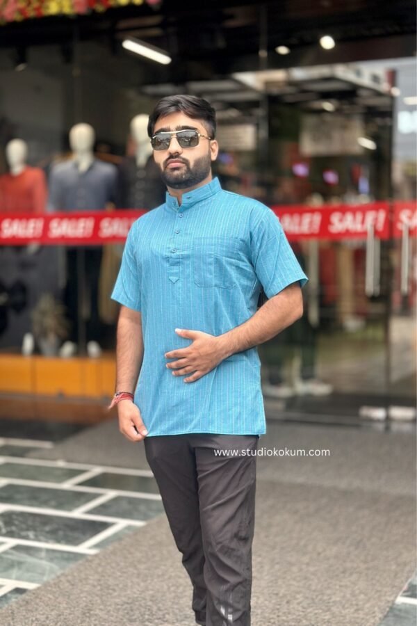 Light Blue Cotton Half Sleeve Short Kurta For Men