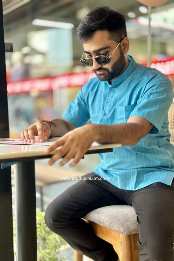 Light Blue Cotton Half Sleeve Short Kurta For Men