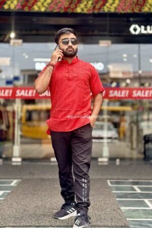 Red Cotton Full Sleeve Long Kurta For Men