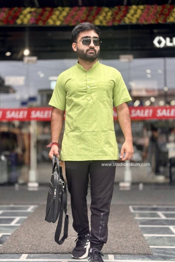 Green Cotton Half Sleeve Short Kurta For Men