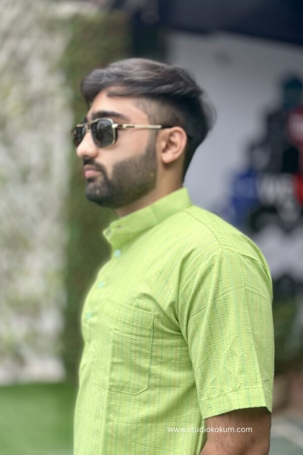 Green Cotton Half Sleeve Short Kurta For Men