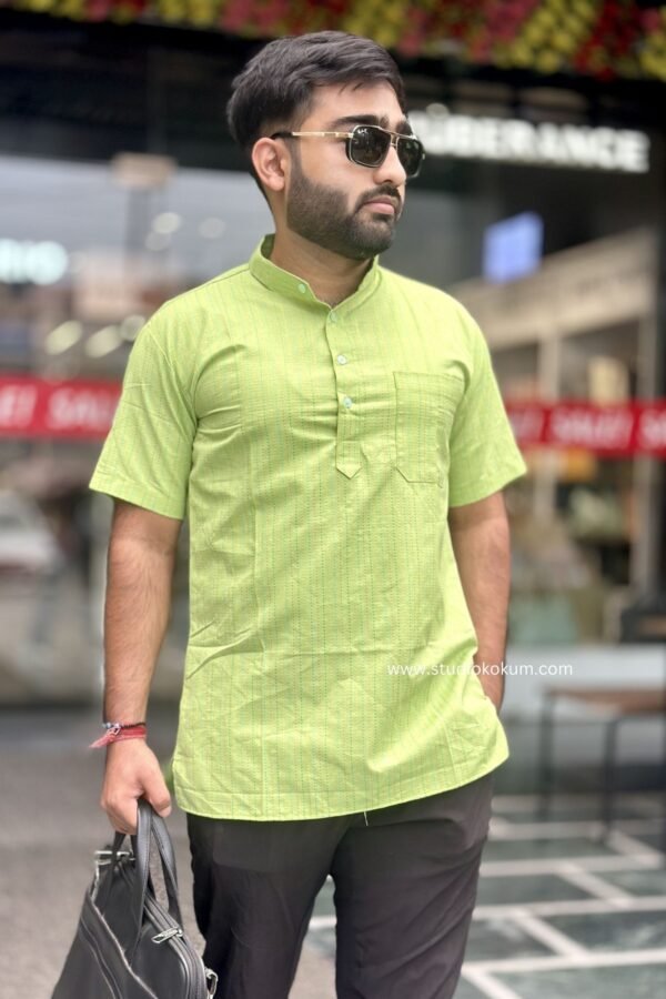 Green Cotton Half Sleeve Short Kurta For Men