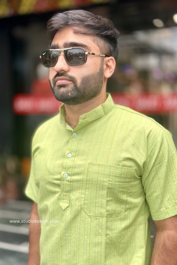 Green Cotton Half Sleeve Short Kurta For Men