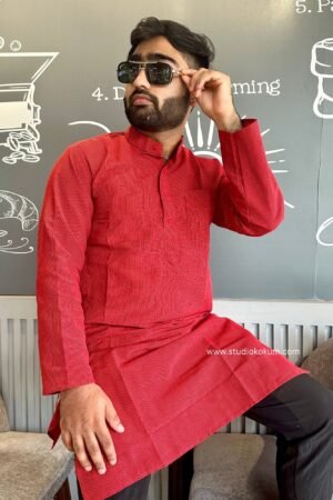 Red Cotton Full Sleeve Long Kurta For Men