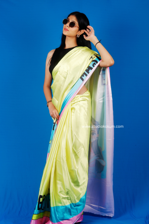 Neon Yellow Satin Silk Saree