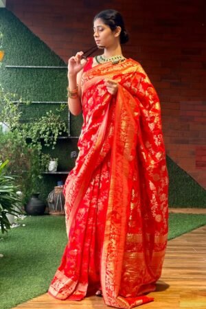 Queen's Red Banarasi Georgette Silk Saree