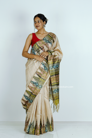 Beige color tussar silk saree with Kalamkari Border (With Blouse)