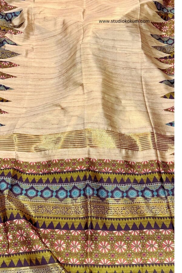 Beige color tussar silk saree with Kalamkari Border (With Blouse)