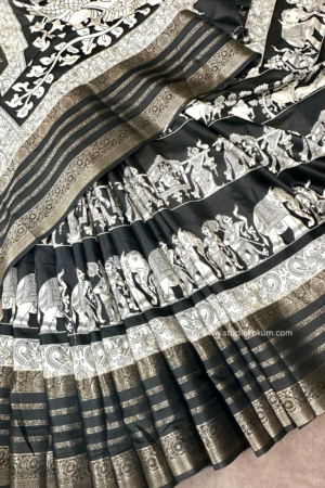 Black and White Figure Print Resham Border Soft Pattu Silk Saree With Blouse