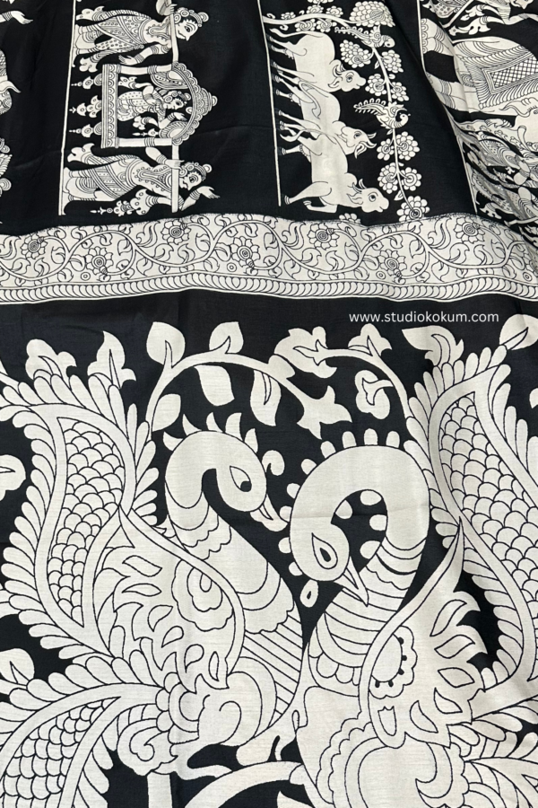 Black and White Figure Print Resham Border Soft Pattu Silk Saree With Blouse