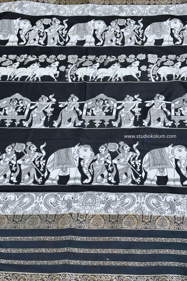 Black and White Figure Print Resham Border Soft Pattu Silk Saree With Blouse