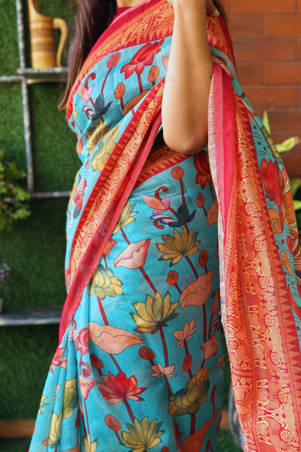 Kalamkari Printed Teal Colour Chanderi Saree