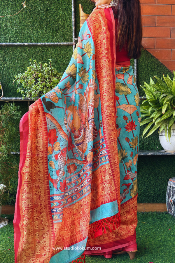 Kalamkari Printed Teal Colour Chanderi Saree