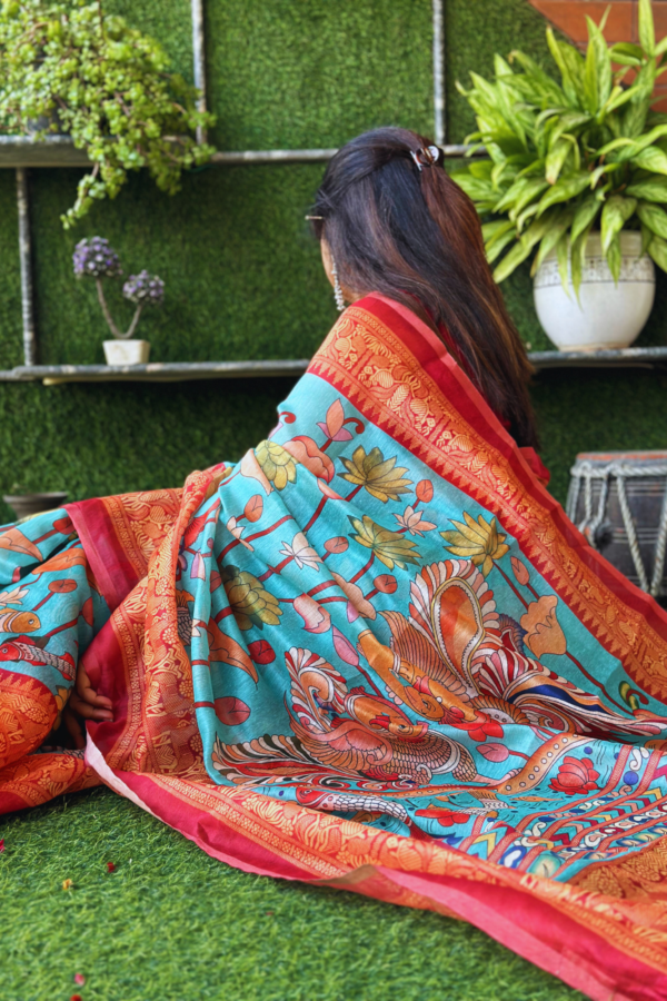 Kalamkari Printed Teal Colour Chanderi Saree