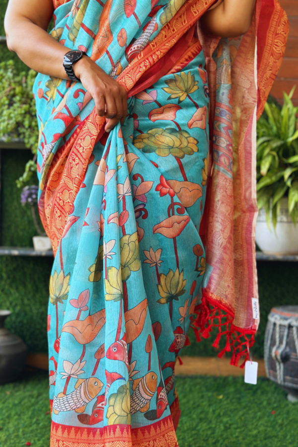 Kalamkari Printed Teal Colour Chanderi Saree