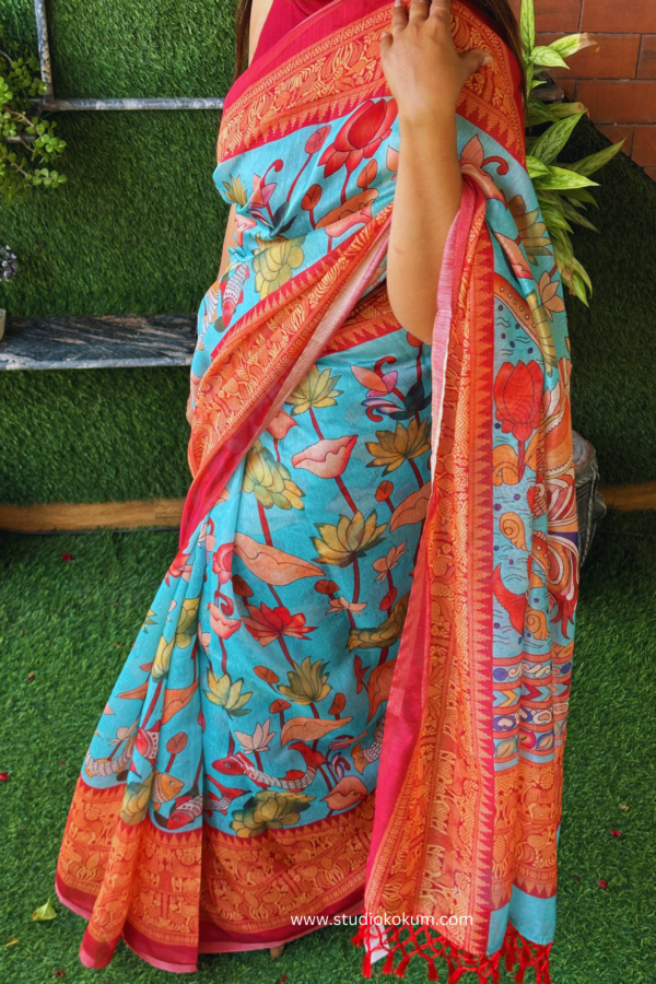 Kalamkari Printed Teal Colour Chanderi Saree