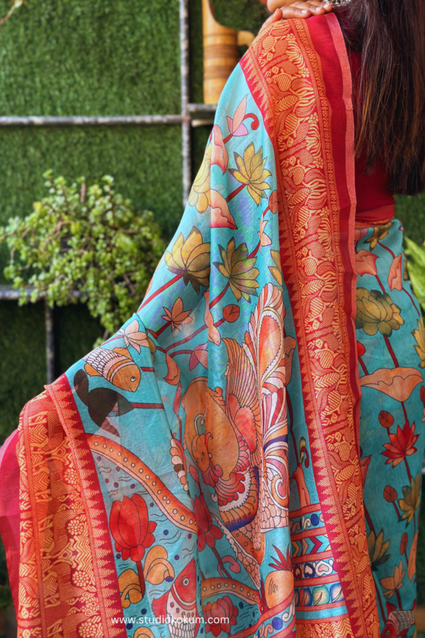 Kalamkari Printed Teal Colour Chanderi Saree