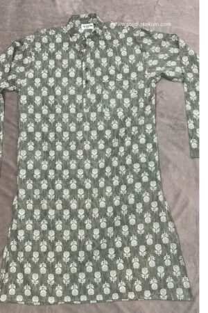 Green Cotton Full Sleeve Kurta Sanganeri Print Kurta for Men