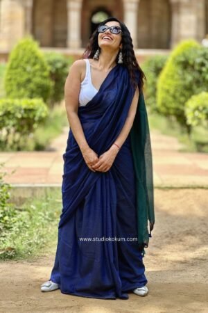 Green Blue Cotton Plain Saree With Tassels