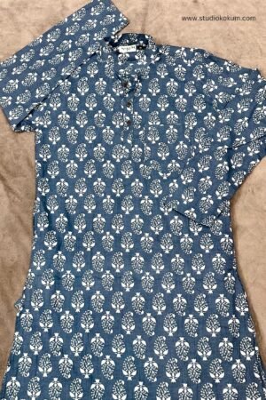 Grey Cotton Full Sleeve Sanganeri Print Kurta For Men