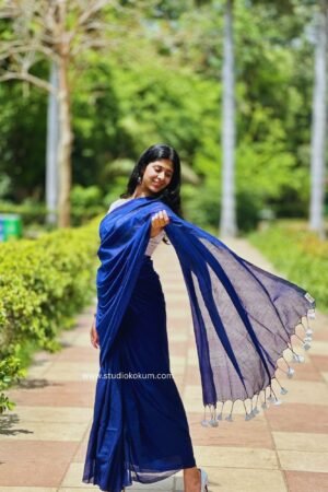 Ink-Blue-Cotton-Plain-Saree-With-Tassels-