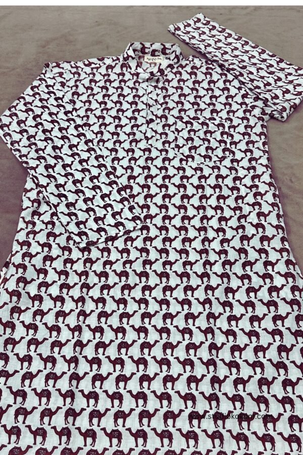 White Cotton Full Sleeve Camel Sanganeri Print Kurta For Men