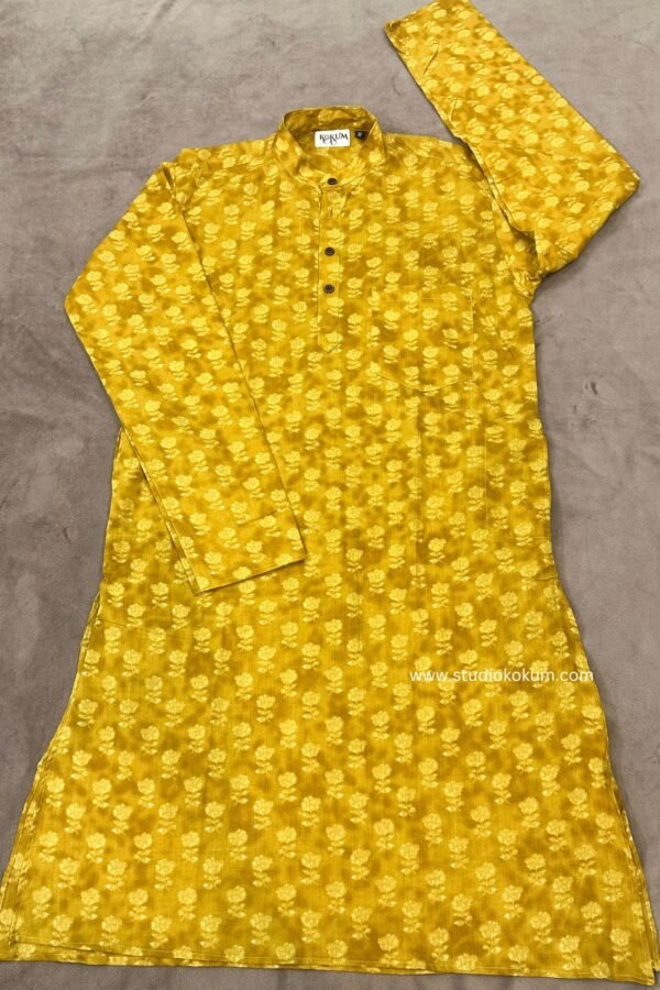 Yellow Cotton Full Sleeve Sanganeri Print Kurta For Men